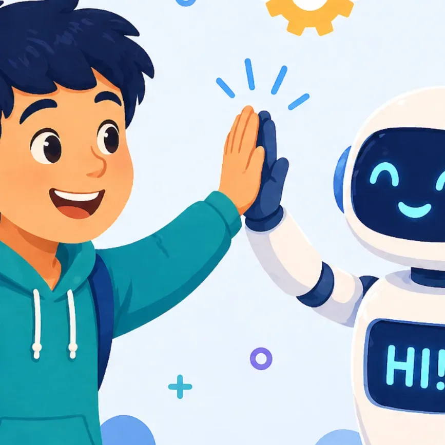 A child greeting a friendly AI robot.