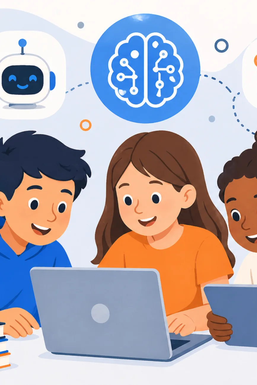 Children learning about artificial intelligence with digital devices.